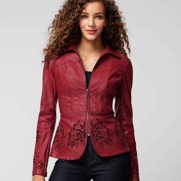 WHBM NWT Cutwork Coated Denim Flirty Jacket Dark Red LEATHER LOOK - Picture 3 of 12
